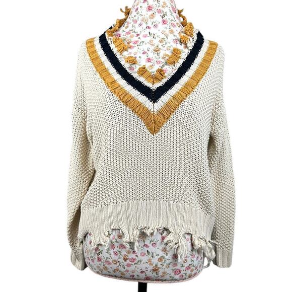 Elan Sweaters - Elan Knit Distressed Fringe Frayed Varsity Stripe Sweater Blue Gold Cream Medium
